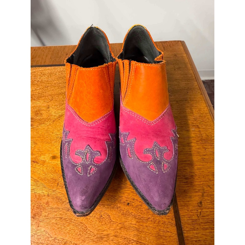 Vtg 90s Women's 5.5 Pink Purple Leather Western Ankle Boots Rainbow Cowboy
